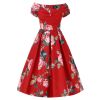 Afbeelding van Dolly and Dotty | Jurk Lily Scarlet rose, rode off shoulder vintage swing jurk met roze rozen