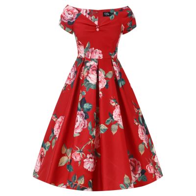 Foto van Dolly and Dotty | Jurk Lily Scarlet rose, rode off shoulder vintage swing jurk met roze rozen