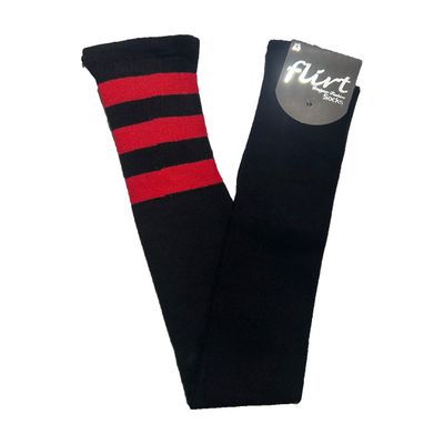 Foto van Flirt | Zwarte overknee sokken met 3 rode strepen, extra lang