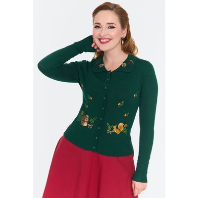 Voodoo Vixen | Groene cardigan Woodland met vosje, egeltje en herfst-borduursels