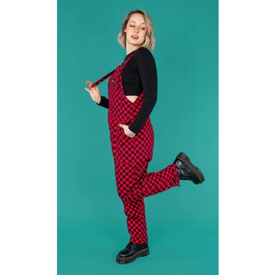 Foto van Run & Fly | Tuinbroek, zwart rode checkboard ska-blokjes, stretch twill