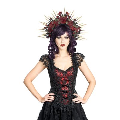 Foto van Sinister | Gothic top Feline, zwart bordeaux fluweel en kanten mini vleugel mouwen