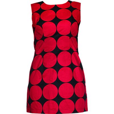 Foto van Chenaski | 70's A-lijn jurk, big polka dots donkerblauw rood