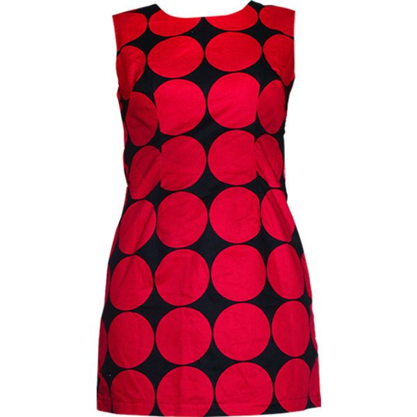 Chenaski | 70's A-lijn jurk, big polka dots donkerblauw rood