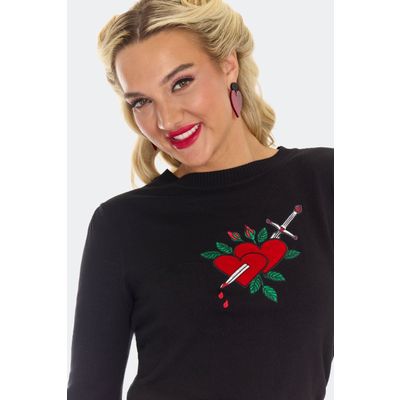 Foto van Voodoo Vixen | Zwarte jaren '50 truitje met 3/4 mouwtjes, Heart & Dagger borduursel