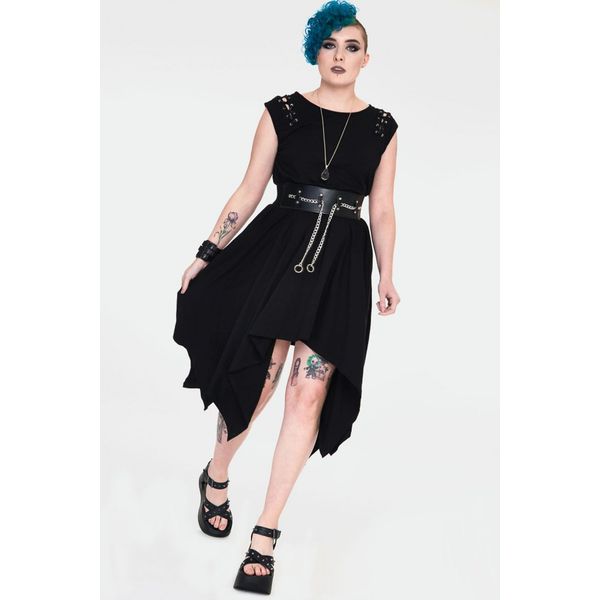 Jawbreaker | Jaren 80 Vampire midi jurk met corset-details en riem