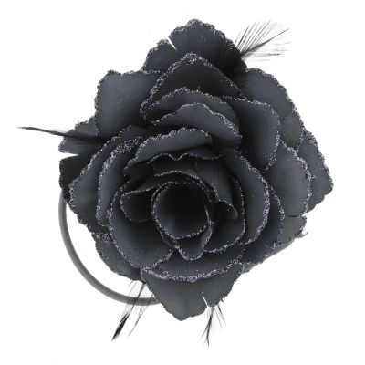 Zacharia | Grijze roos met glitter en veertjes op haarclip broche en elastiek