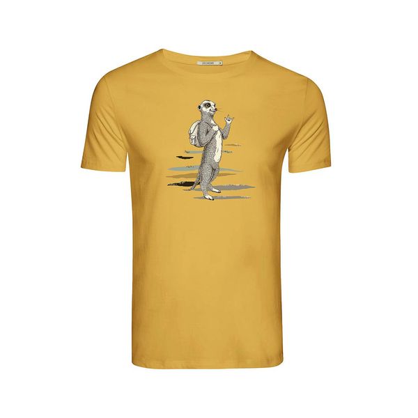 Green Bomb | T-shirt backpacking meerkat, oker geel bio katoen
