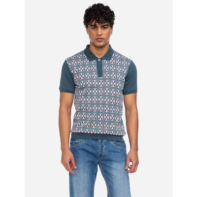 ATO Berlin | Polo Enzio met blauw geblokt jacquard patroon en korte mouw, bio