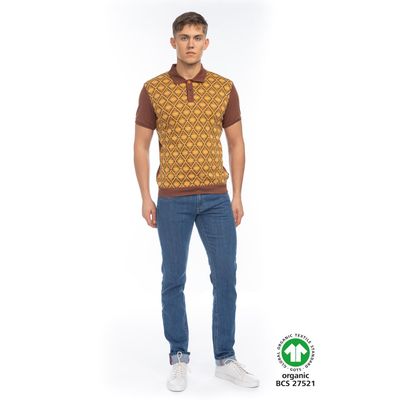 Foto van ATO Berlin | Polo Enzio, biokatoen bruin met geel retro jacquard patroon