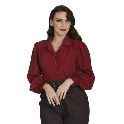 Foto van Banned | Bordeauxrode retro blouse Bonnie, met pof mouwen 
