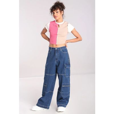 Foto van Hell Bunny | Blauwe denim baggy broek Cameron, met zakken en D-ringen