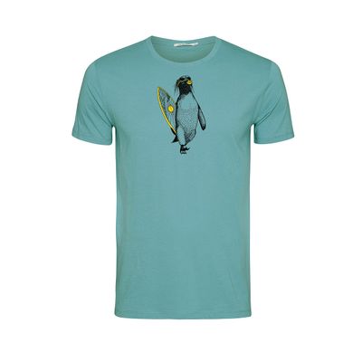 Green Bomb | T-shirt surf penguin summer print, blauw bio katoen