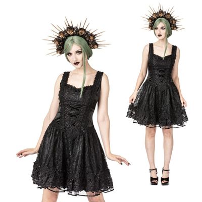 Foto van Sinister | Gothic Lolita mini-jurk Rosie, zwart kant met zwart satijn