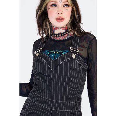 Foto van Jawbreaker | Rockabilly tuinbroek met zwart wit krijtstreep patroon, valt extreem klein.