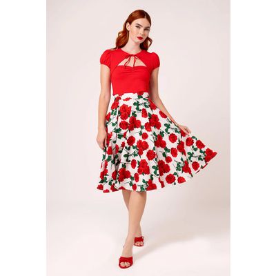 Foto van Hell Bunny | Jaren 50 rok Dolce Vita wit met rode rozen en groen bladmotief