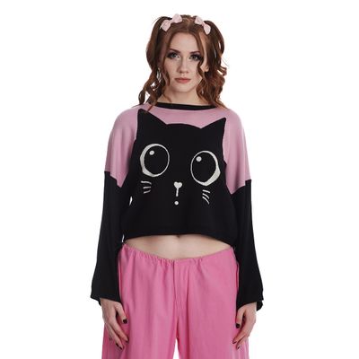 Banned | Roze met zwarte trui Haru, wijd model met katten snoet voor en staart achter