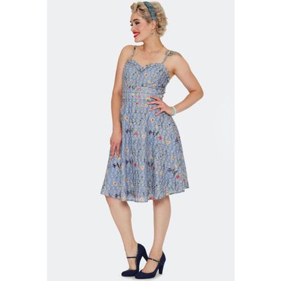 Foto van Voodoo Vixen | Blauwe jaren '60 Retro jurk met broderie borduursels en zomerbloemen