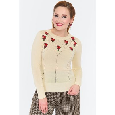 Foto van Voodoo Vixen | Creme jaren '40 Jumper van ajour-breisel met boeketjes borduursels 