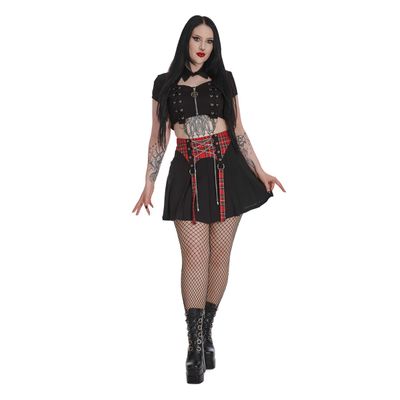 Foto van Banned | Zwarte rok met rode schotse tartan en punky korset ketting