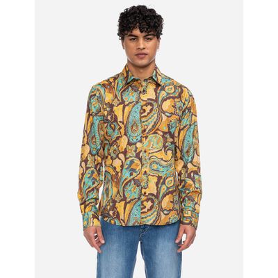 ATO Berlin | Soepel overhemd Tamuza met geel turquoise paisley patroon, biokatoen