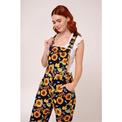 Foto van Hell Bunny | Ruimvallende Dungarees Sunflower met zonnebloemen print
