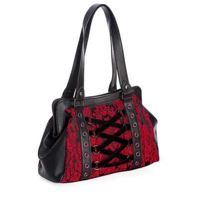 Foto van Banned | Handtas met korset detail en rood brokaat, Anemone 