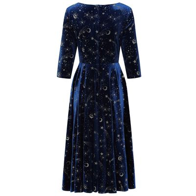 Foto van Banned | Nachtblauwe Celestial swingjurk Luna met gouden sterretjes en maantjes