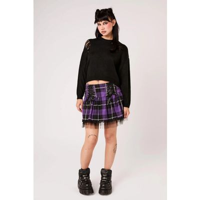 Hell Bunny | Punkyrok, Quinzel van zwart paarse tartan met veterdetails