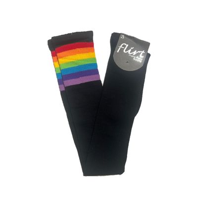 Foto van Flirt | Zwarte over de knie sokken regenboogbaan met paars, extra lang