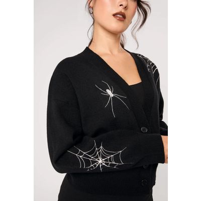 Foto van Hell Bunny | Ruime zwarte Spooked cardigan met witte spinnen en web motief