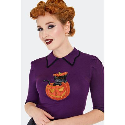 Foto van Voodoo Vixen | Paars truitje met 3/4 mouwen met een Halloween pumpkin met kat