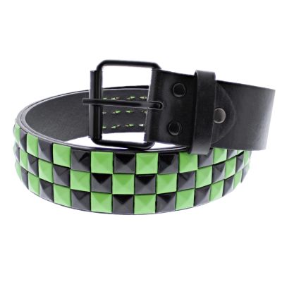 Zacharia | Riem van PU met 3 rijen zwart neon-groene piramides studs