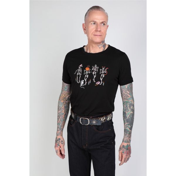 Collectif | Zwart heren t-shirt met halloween skeleton boogie print
