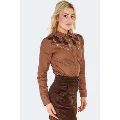 Voodoo Vixen | Bruine Western style blouse met geruit borstpanel met rozen borduursel