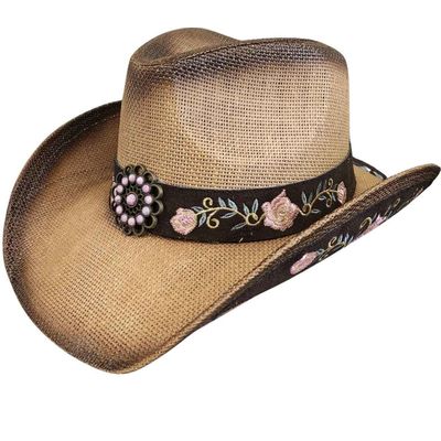 Foto van Major wear | Klassieke zomerse Cowboyhoed bruin beige met geborduurde rand en band met steentjes