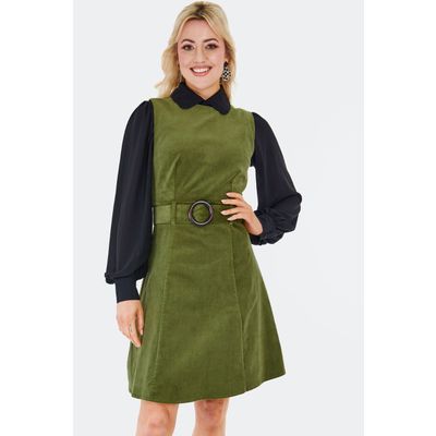 Voodoo Vixen | Groene ribcord jaren '60 A-lijn jurk met taille-riem