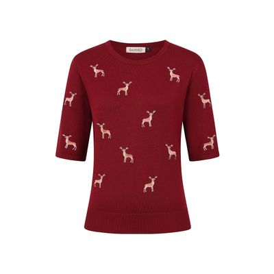 Foto van Banned | Bordeaux-rood truitje met 3/4 mouw en Ruby sweet deer borduursels