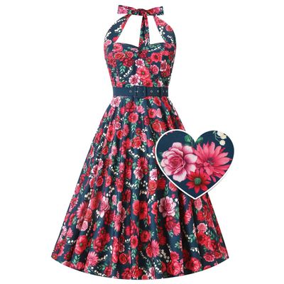 Foto van Dolly and Dotty | Daisy Pink Floral vintage halterswing jurk met roze bloemen print