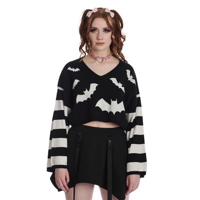 Banned | Cropped trui Annabelle Bat zwart wit gestreept met vleermuizen