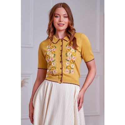 Foto van Banned | Gele Cardigan Penny flower met korte mouw en bloemen borduursels