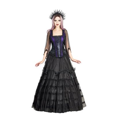 Foto van Sinister | Lange Boho Goth rok Sophia, zwart satijnen met laagjes gedrapeerd kant