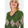 Afbeelding van Voodoo Vixen | Groene roze gebreide cardigan met V-hals en Argyle ruit patroon
