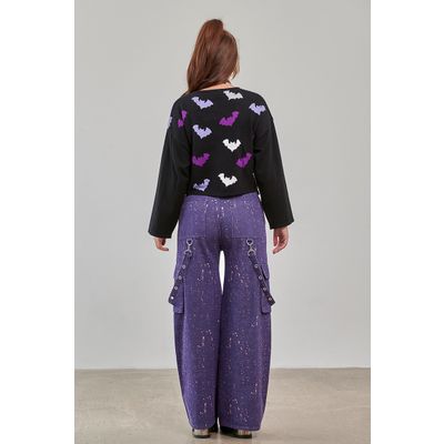 Foto van Banned | Funky retro broek, Candy paarse met verf-spatjes, straps en zakken