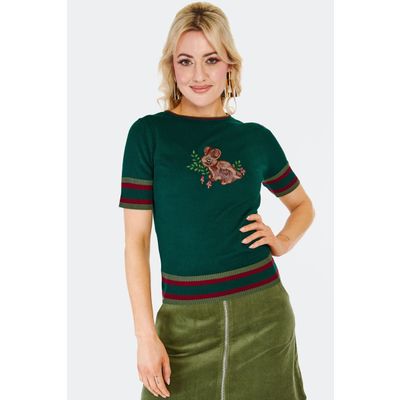 Voodoo Vixen | Groen jaren '70 truitje met korte mouwen met een konijn en paddenstoeltjes