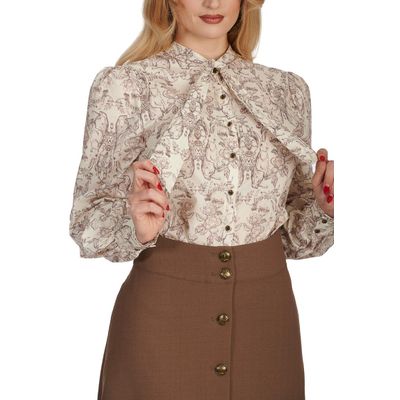 Foto van Banned | Blouse Ivory-wit met Bunny print, pofmouwen en halsstrik-lint