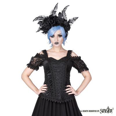 Foto van Sinister | Top Olivia, zwart fluweel met satijn en pofmouwen