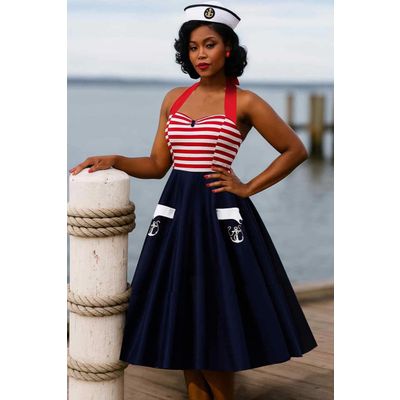 Dolly and Dotty | Daisy nautical vintage halterswing jurk met gestreepte top en blauwe rok met anker