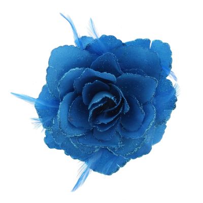 Zacharia | Turquoise roos met glitter en veertjes haarclip, broche en elastiek