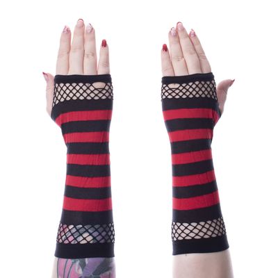 Foto van Poizen Industries | Vingerloze handschoenen, zwart rood gestreept met fishnet rand